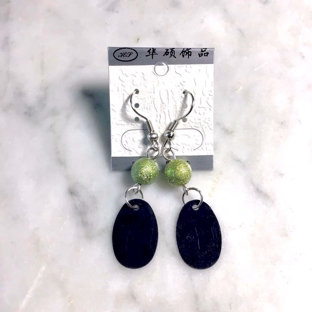 Sparkly Lime Green Beaded and Black Dangle Earrings